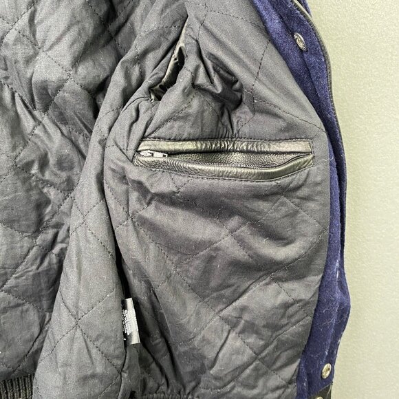 Oak NYC Double Front Varsity Jacket Womens XS Blue Wool Leather Sleeves Boxy - Picture 4 of 9